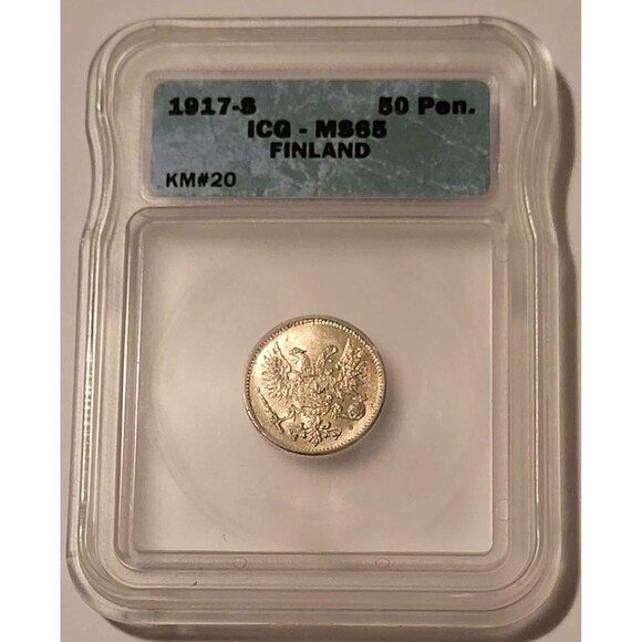 Finland (under Russia) 1917 S Silver 50 Pennia KM-20 without Crown MS65 ICG - Picture 1 of 4